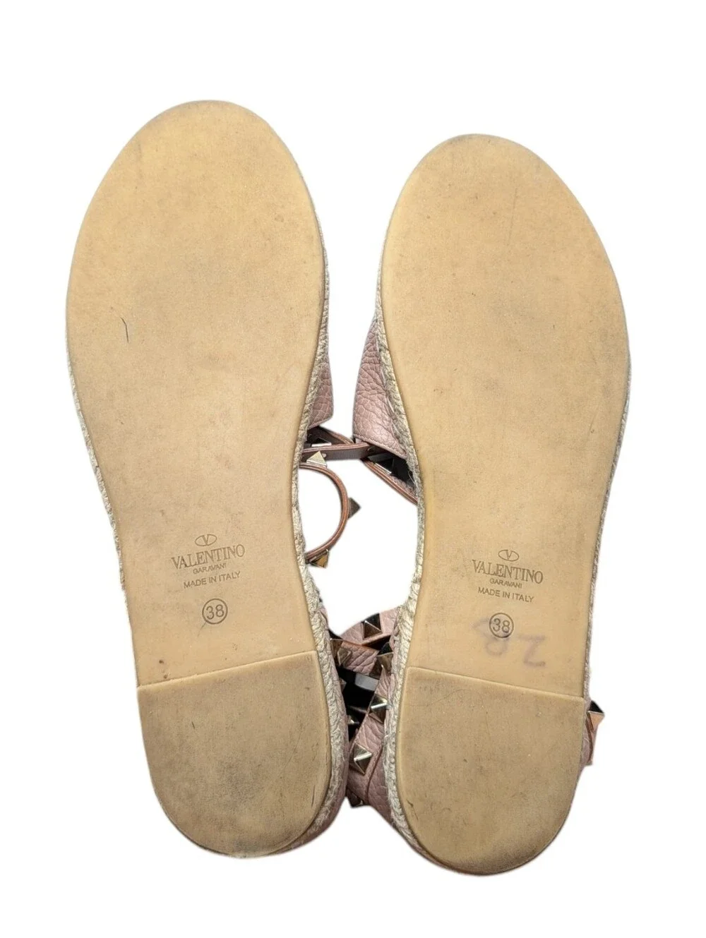 Valentino Garavani Blush Nude Beige Leather Rockstud Espadrille Flats Size EU 38